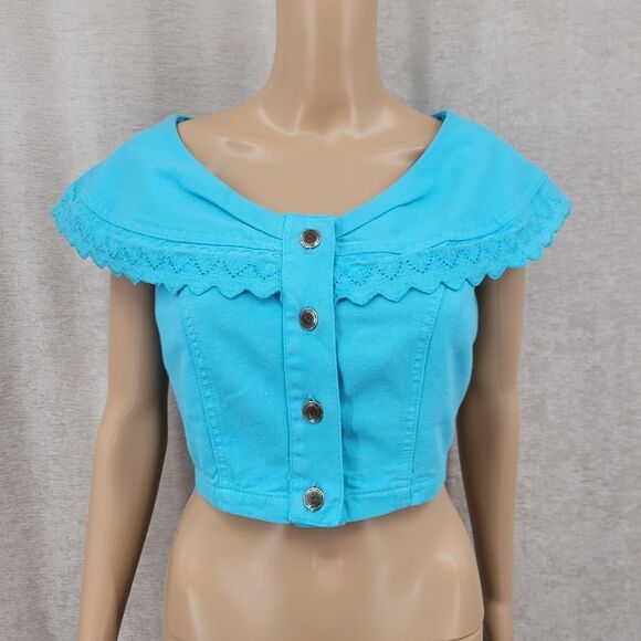Paris Sport Club Vintage Denim Turquoise  Crop Top and High Waisted Shorts Set - Picture 3 of 16